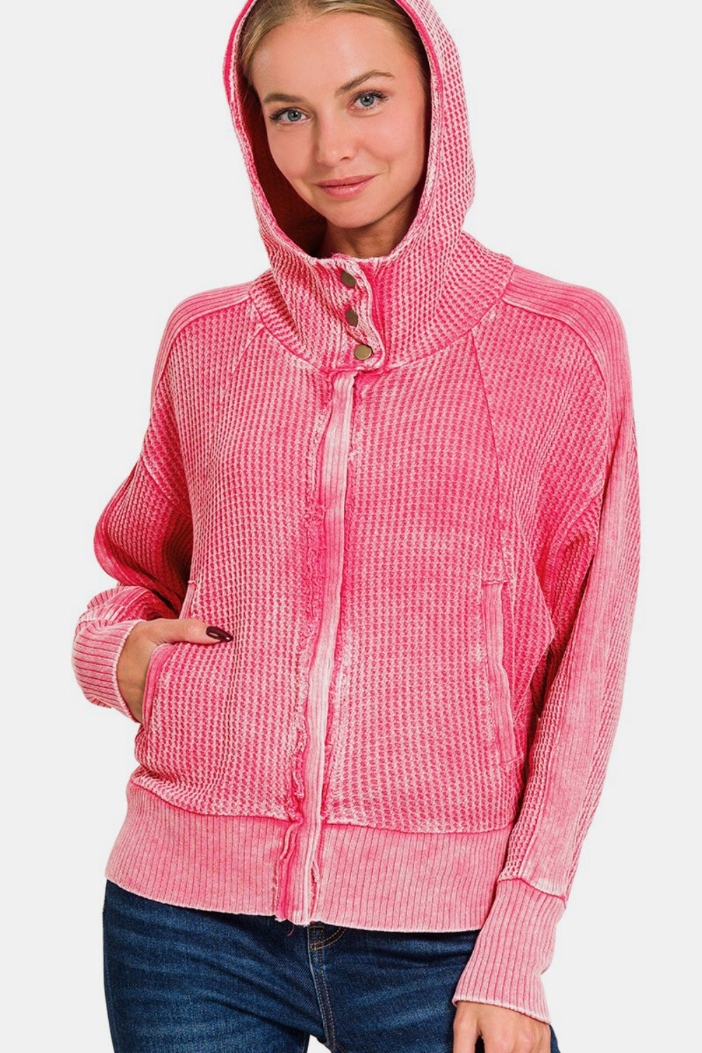 Fuchsia Zip-Up Hooded Cotton Jacket