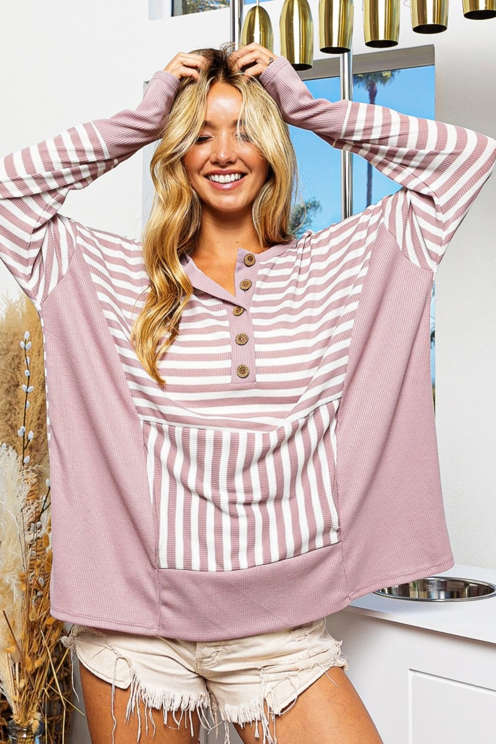 Thermal Striped Oversized Thumbhole Top