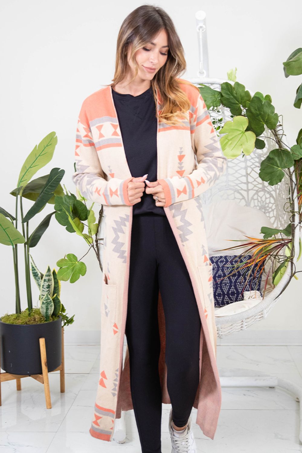 Geometric-Print Longline Cardigan