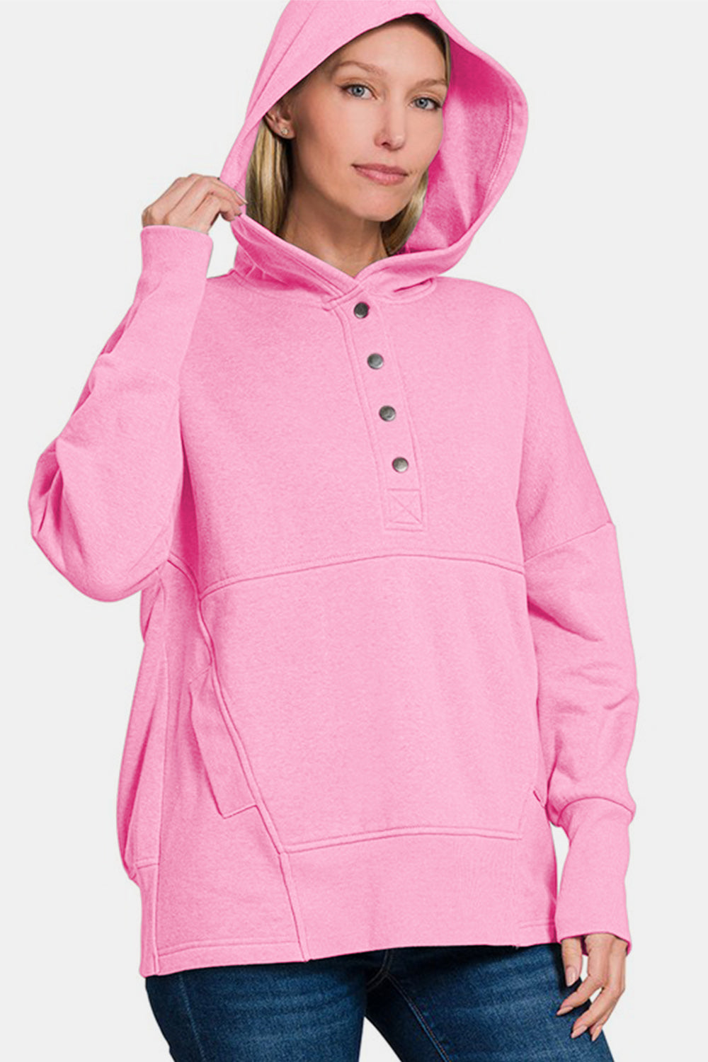 Sporty Chic Half-Snap Hoodie - Pink