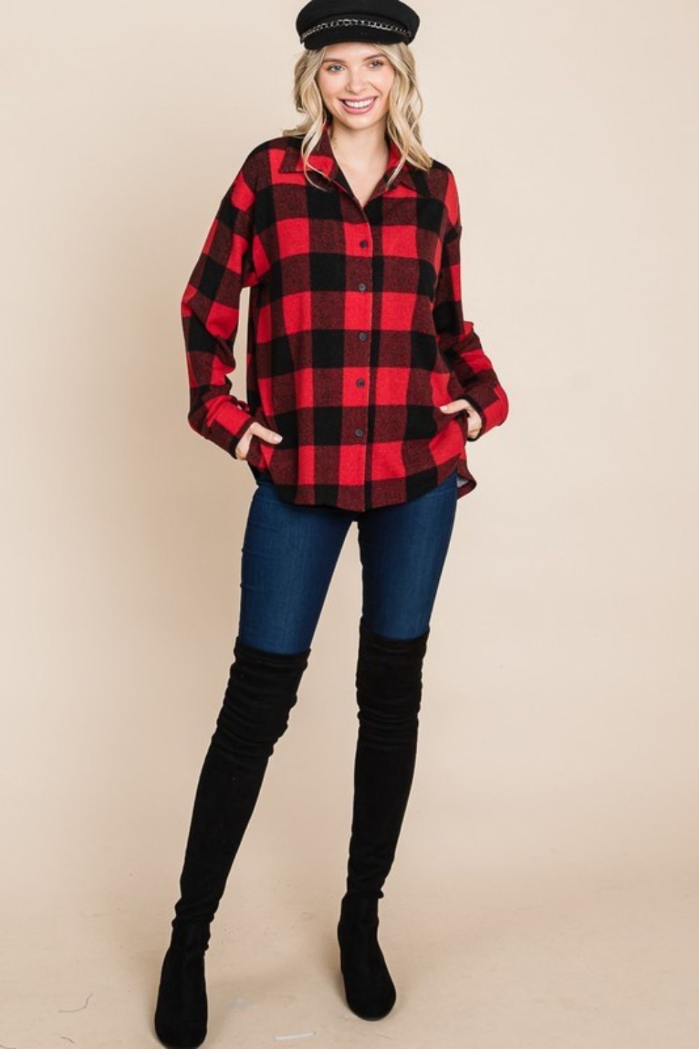 Plaid Button-Up Long-Sleeve Top