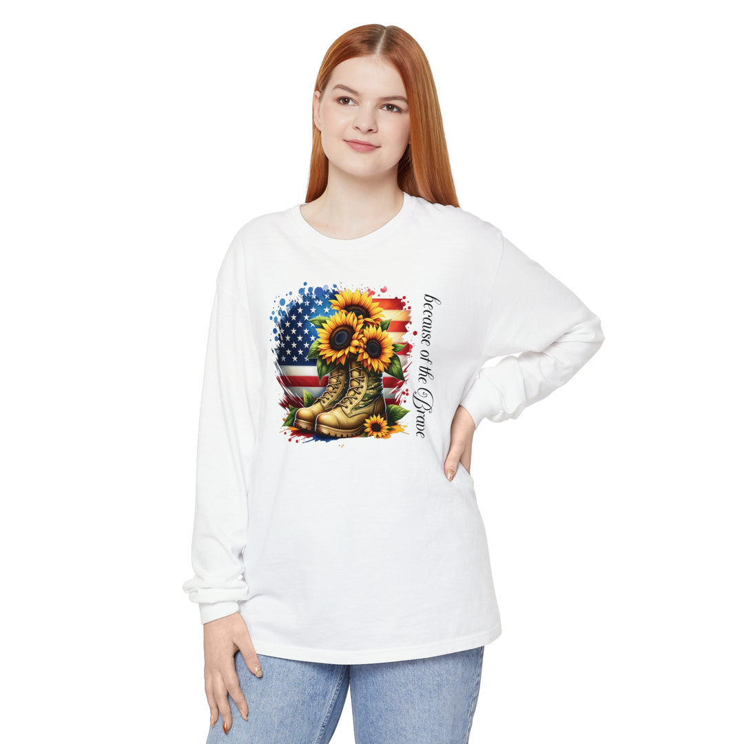 Because of the Brave - Patriotic USA Flag Sunflower - Premium Heavyweight Unisex Long-Sleeve Tee