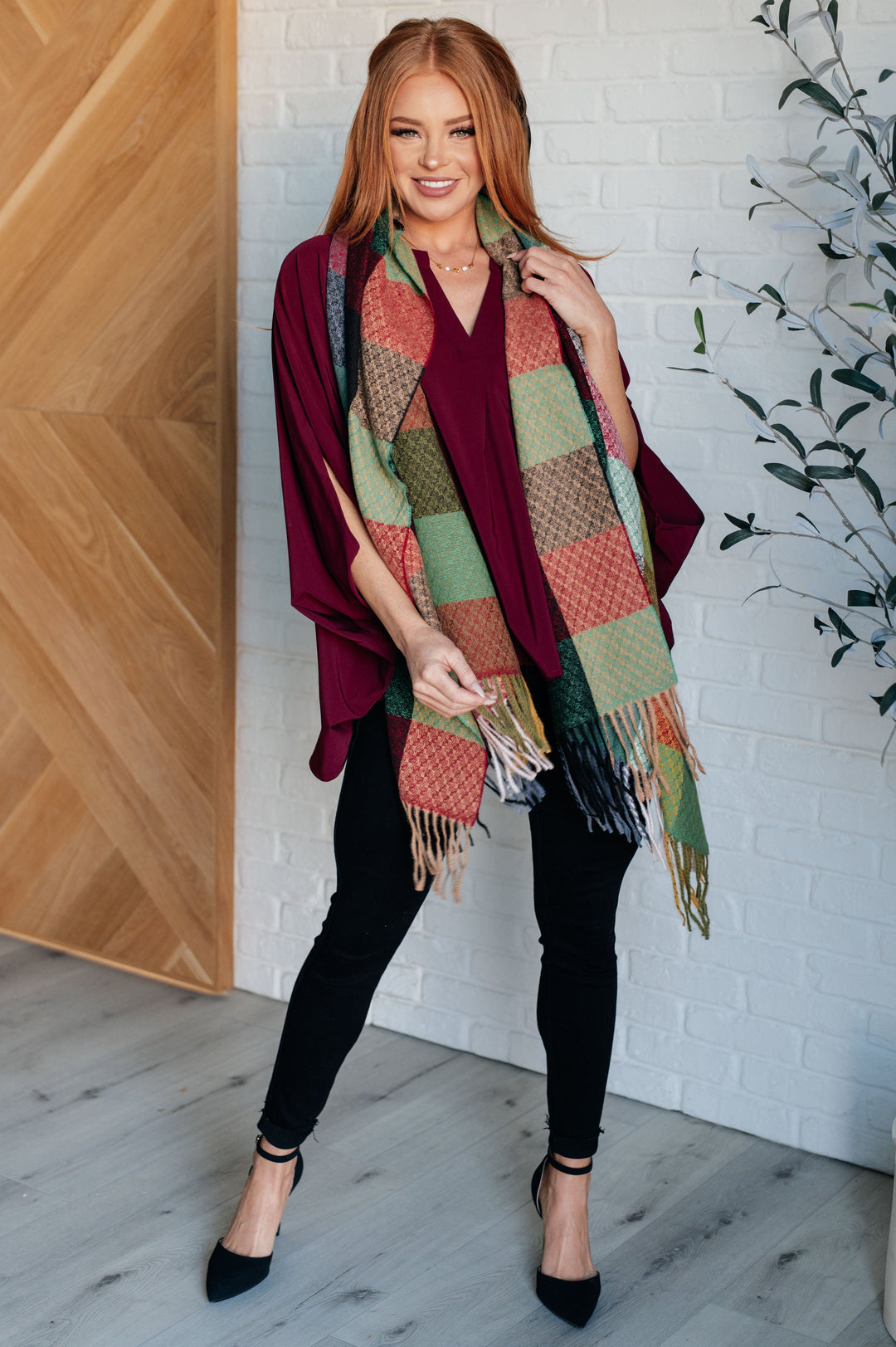 Warm & Cozy Checkered Fringe Scarf - Berry Beauty