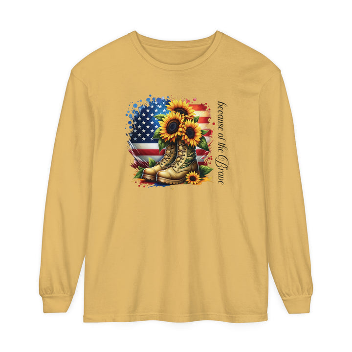 Because of the Brave - Patriotic USA Flag Sunflower - Premium Heavyweight Unisex Long-Sleeve Tee