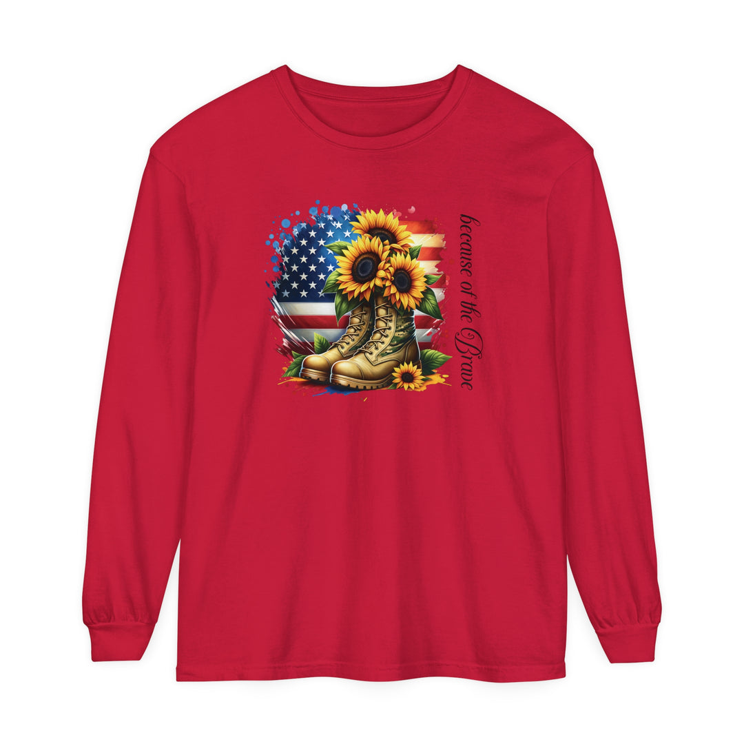 Because of the Brave - Patriotic USA Flag Sunflower - Premium Heavyweight Unisex Long-Sleeve Tee