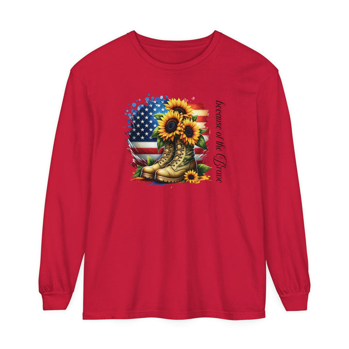 Because of the Brave - Patriotic USA Flag Sunflower - Premium Heavyweight Unisex Long-Sleeve Tee