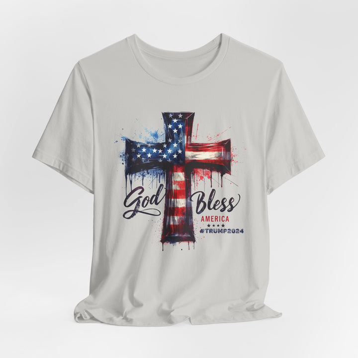 God Bless America Trump 2024 Commemorative - USA Flag Cross Watercolor - Unisex Crew-Neck Tee