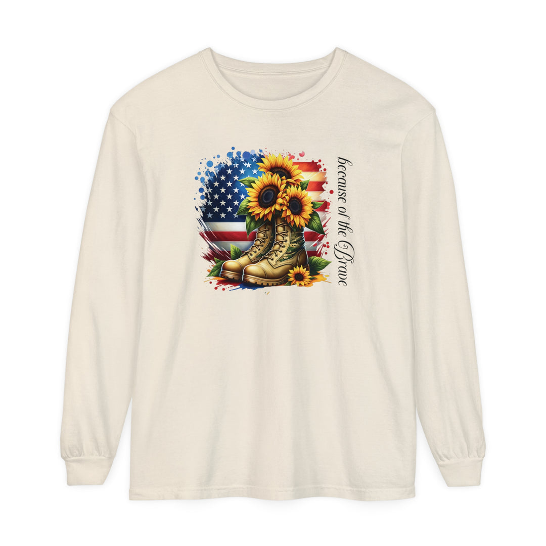 Because of the Brave - Patriotic USA Flag Sunflower - Premium Heavyweight Unisex Long-Sleeve Tee