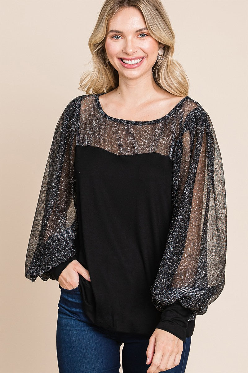 All For Glam - Metallic Mesh Lantern-Sleeve Top