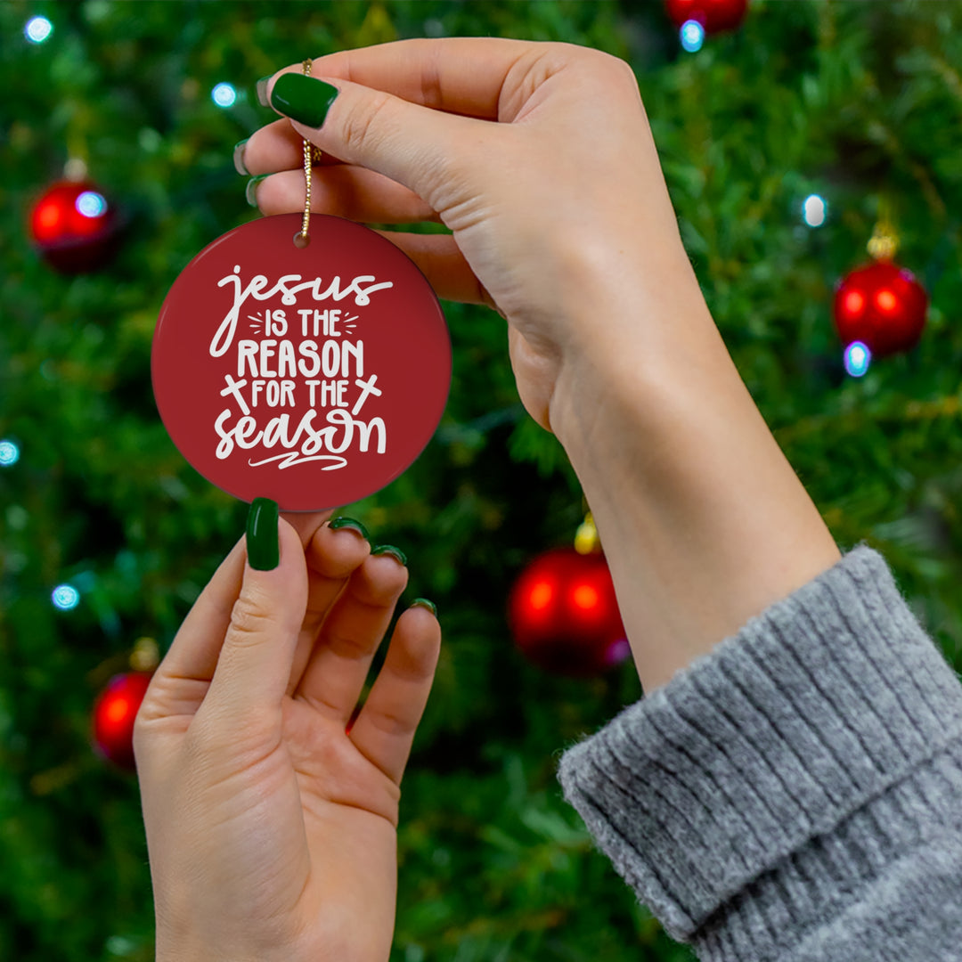 Jesus is the Reason For The Season - Crosses (Red Background) - Circle Ceramic Ornament