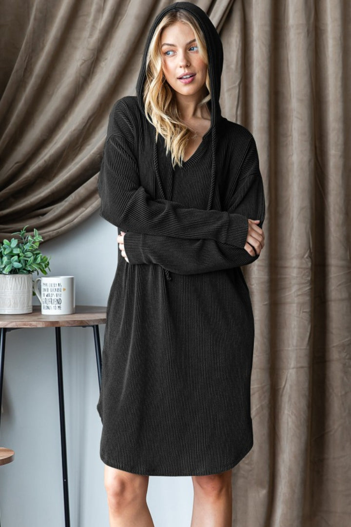 Taking Charge - Ribbed Hooded Dress - Black