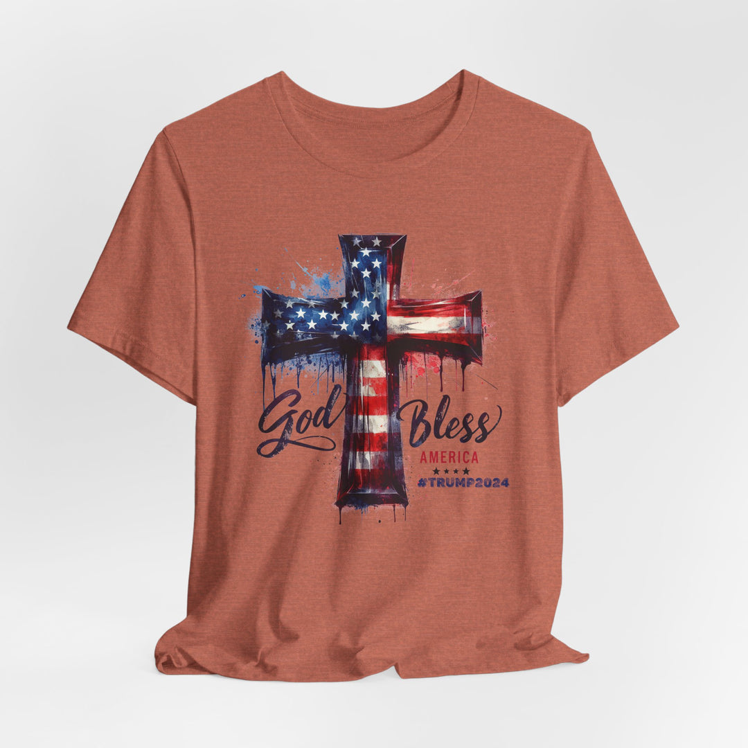 God Bless America Trump 2024 Commemorative - USA Flag Cross Watercolor - Unisex Crew-Neck Tee