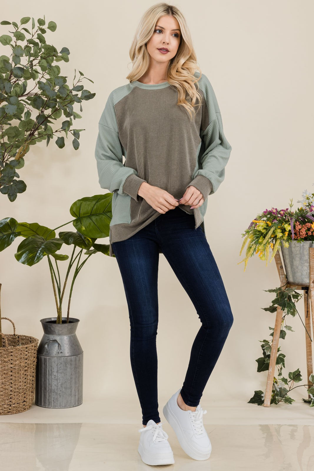 Letting It Go - High-Low Sweatshirt Top - Sage