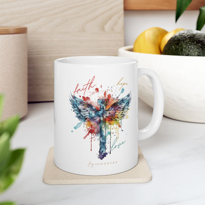 Faith, Hope, Love Watercolor Cross White Ceramic Mug (11 oz)