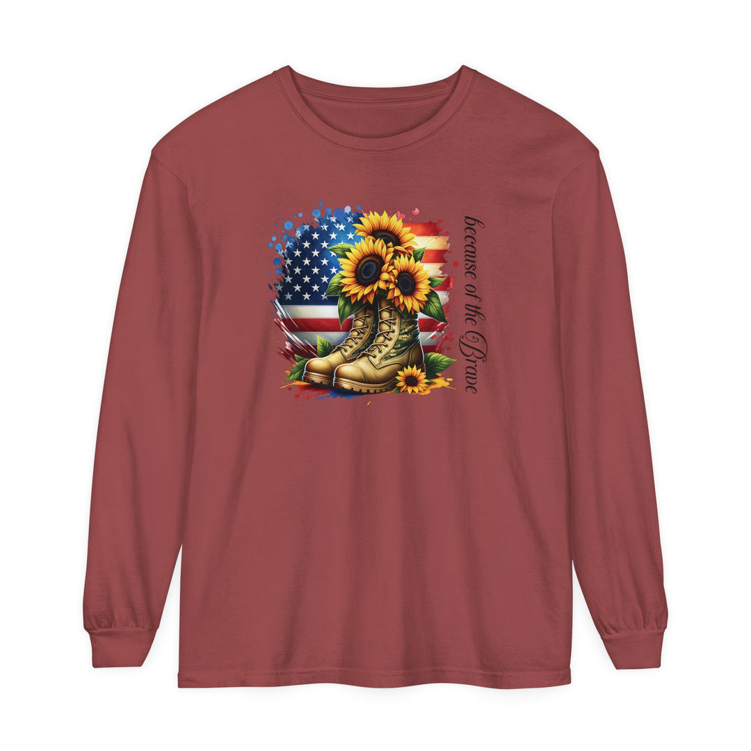 Because of the Brave - Patriotic USA Flag Sunflower - Premium Heavyweight Unisex Long-Sleeve Tee