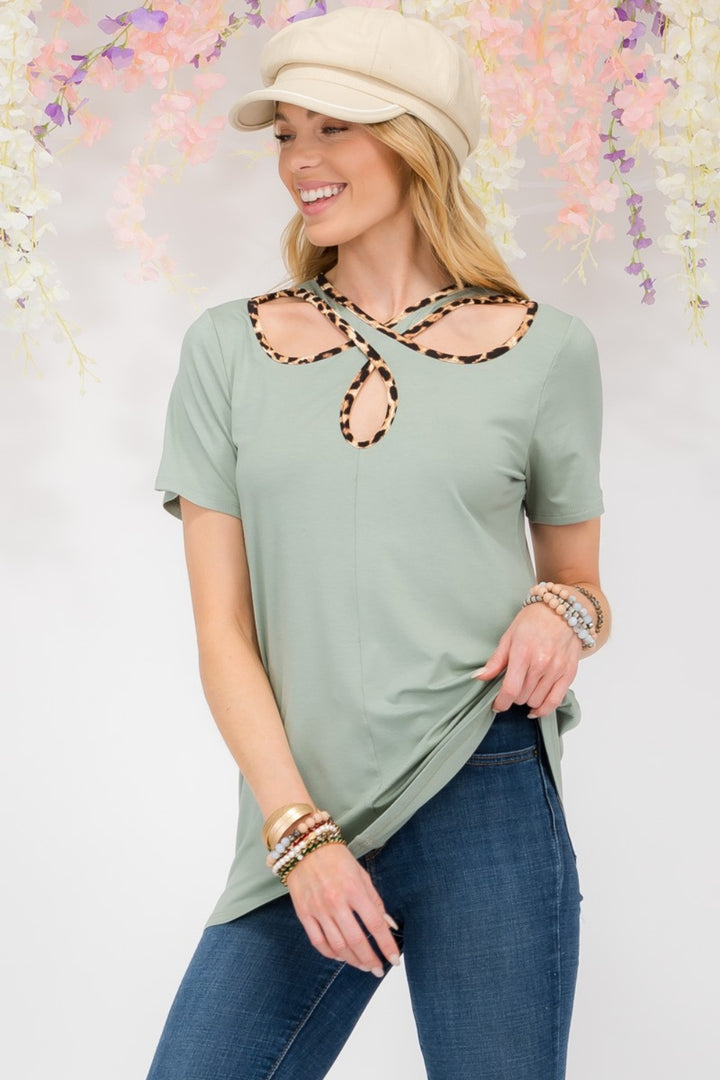 [FINAL SALE]  Bold Confidence - Crisscross Top w/ Leopard Trim - Sage