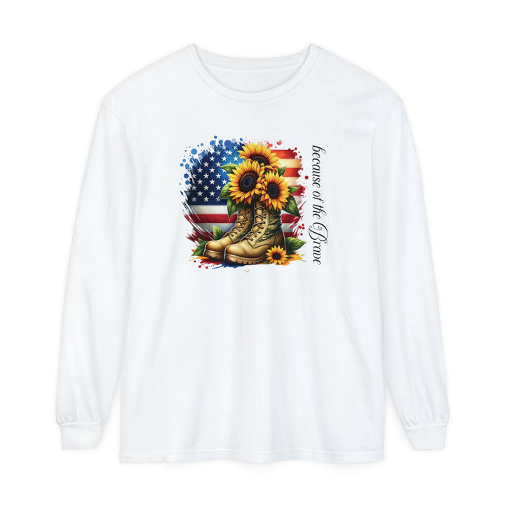 Because of the Brave - Patriotic USA Flag Sunflower - Premium Heavyweight Unisex Long-Sleeve Tee