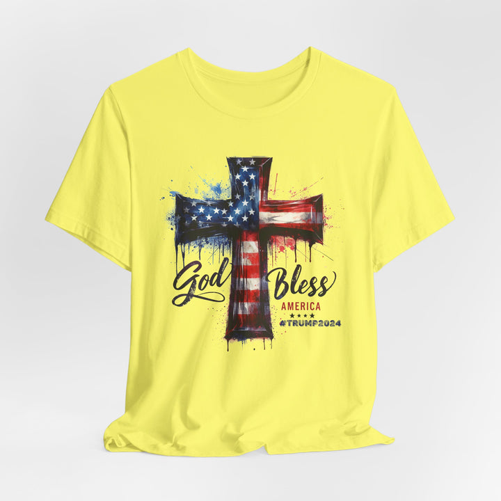 God Bless America Trump 2024 Commemorative - USA Flag Cross Watercolor - Unisex Crew-Neck Tee