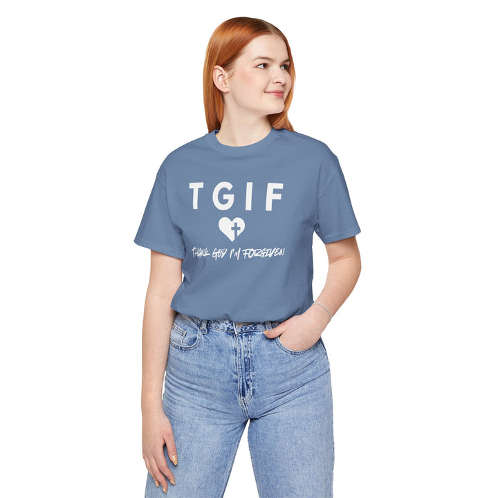 TGIF - Thank God I'm Forgiven - Heart With Cross - Unisex Crew-Neck Tee