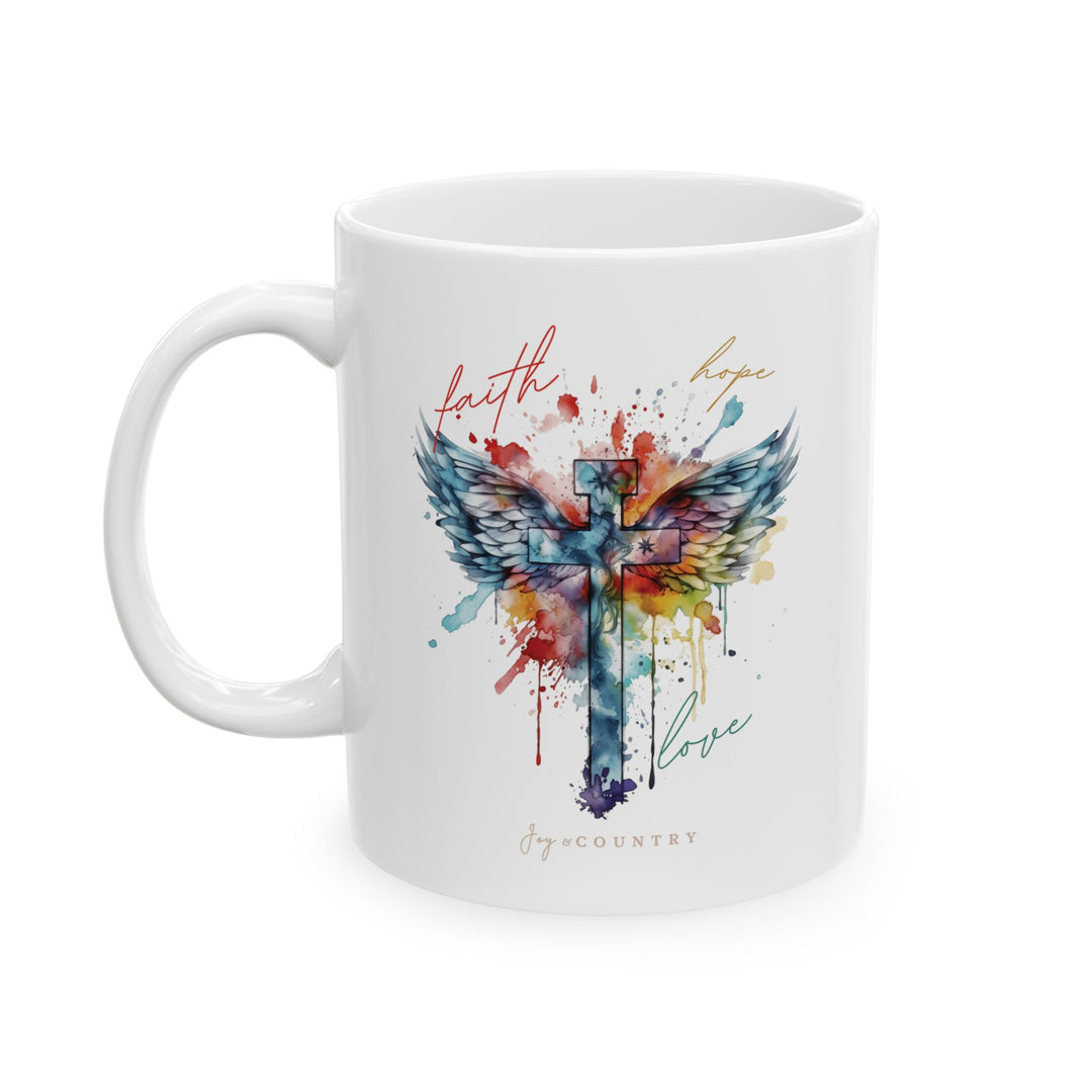 Faith, Hope, Love Watercolor Cross White Ceramic Mug (11 oz)