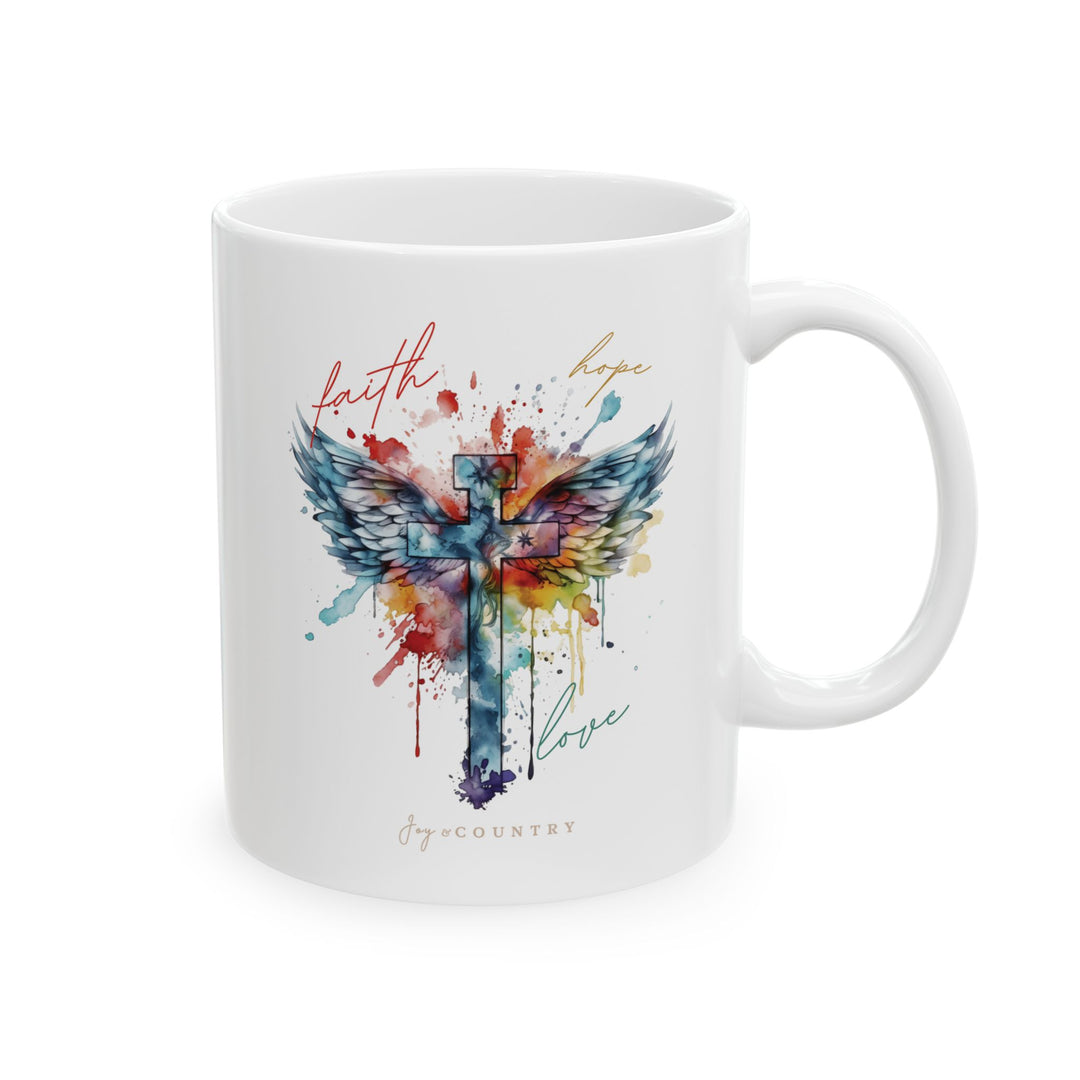 Faith, Hope, Love Watercolor Cross White Ceramic Mug (11 oz)