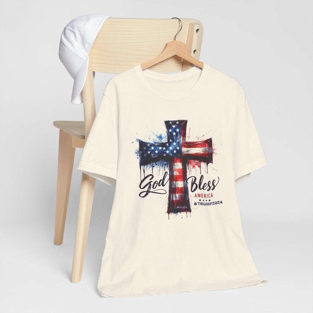 God Bless America Trump 2024 Commemorative - USA Flag Cross Watercolor - Unisex Crew-Neck Tee