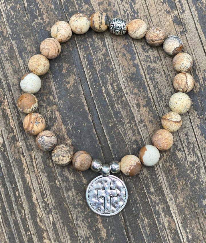 Natural Stone Cross Charm Stretchy Bracelet