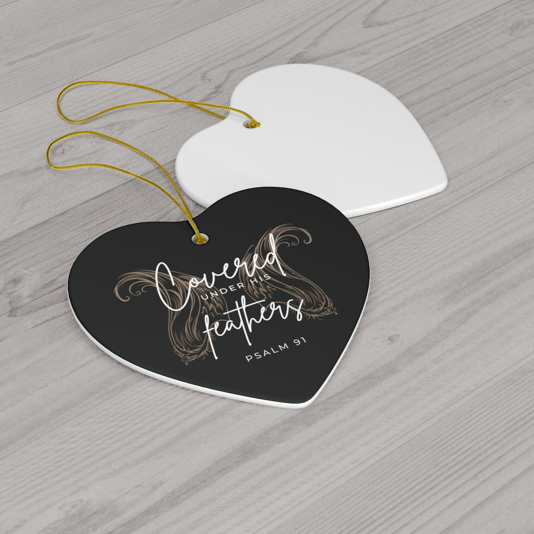 Covered Under His Feathers - Ceramic Heart Ornament - Black Background