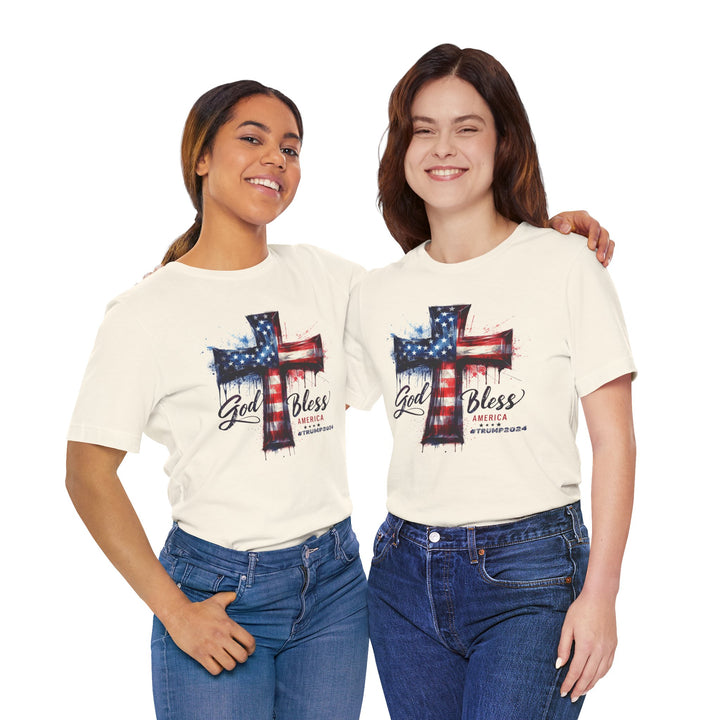 God Bless America Trump 2024 Commemorative - USA Flag Cross Watercolor - Unisex Crew-Neck Tee