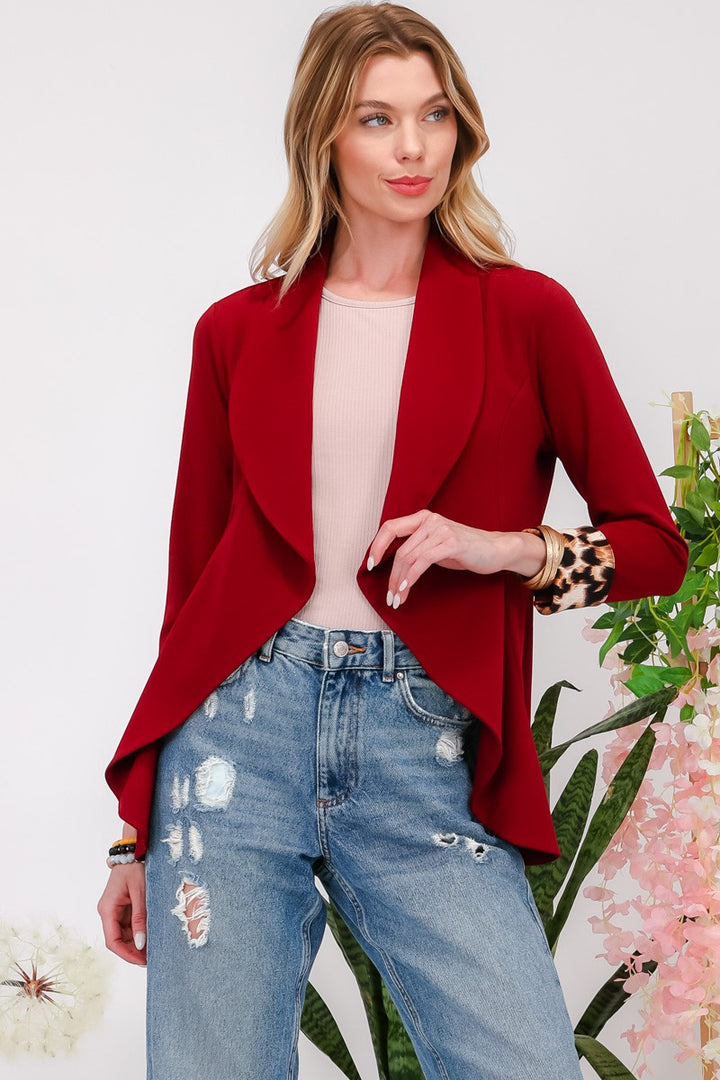 Richly Blessed - Leopard Cuff Cardigan Blazer - Burgundy