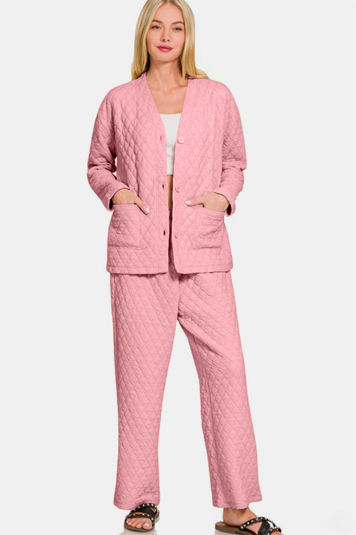 Snug & Stylish Quilted Loungewear Set - Dusty Pink