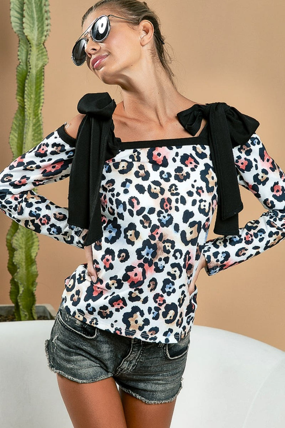 [FINAL SALE] Fun Chic - Leopard-Print Shoulder-Tie Slim-Fit Top