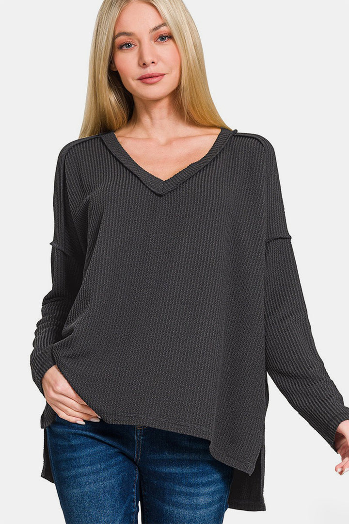 Next-Level Style - Textured Exposed Seam Top - Heather Black