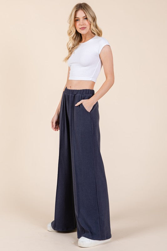 Elastic Waist Wide-Leg Pants - Navy