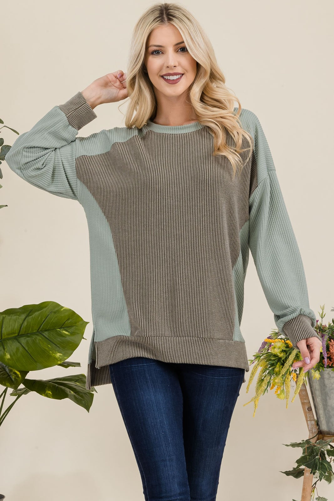 Letting It Go - High-Low Sweatshirt Top - Sage