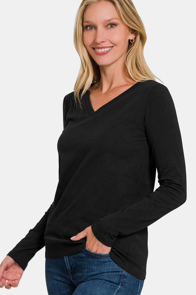 Comfy Basics - Cotton V-Neck Top - Black