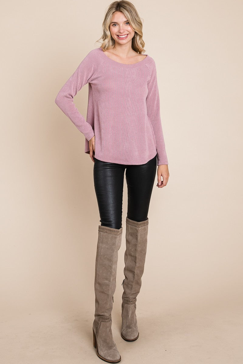 All Aboard - Ribbed Boat-Neck Top - Mauve