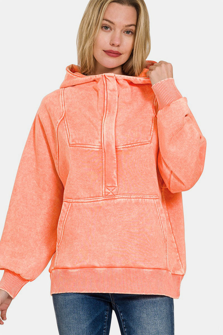 Acid-Wash Fleece Kangaroo Hoodie - Coral