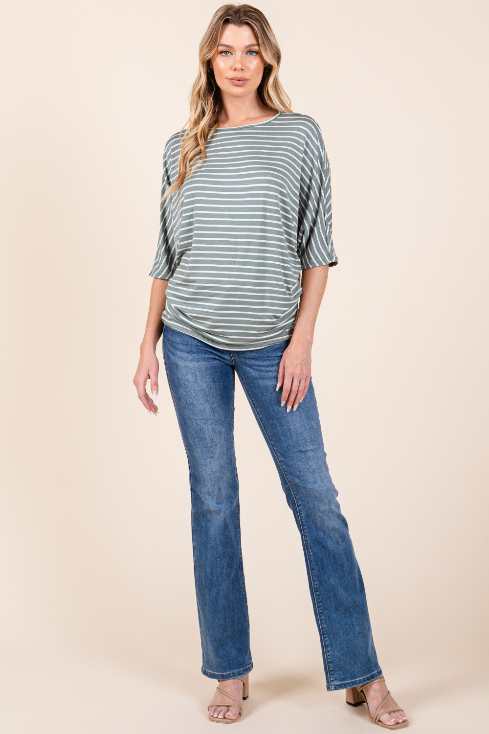 Closet Staple - Striped Boat-Neck Dolman Top - Dusty Olive