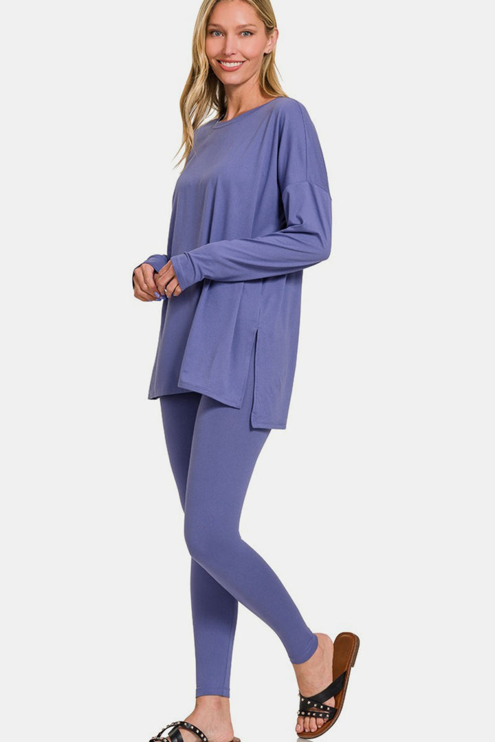 Effortless Lounging - Brushed Microfiber Top and Leggings Set - Marlin