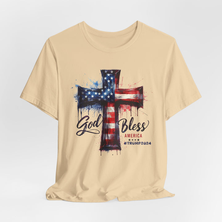 God Bless America Trump 2024 Commemorative - USA Flag Cross Watercolor - Unisex Crew-Neck Tee