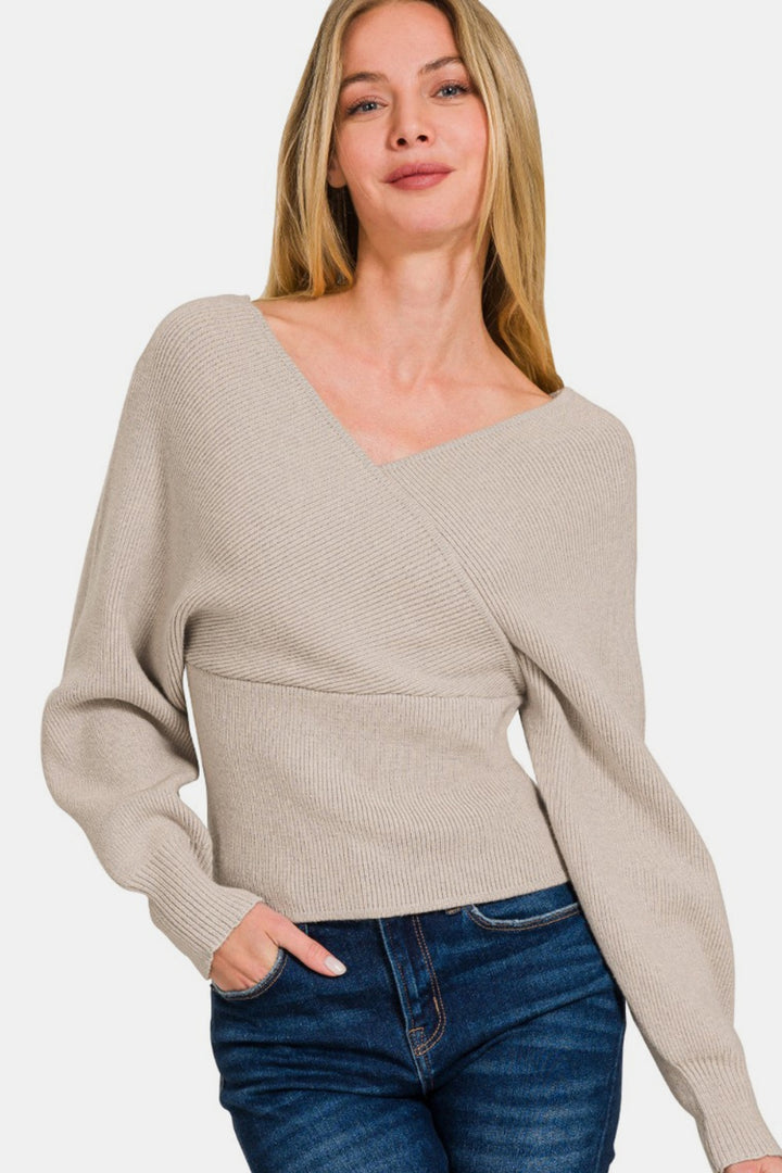 Cross-Wrap Ribbed Sweater - Mocha