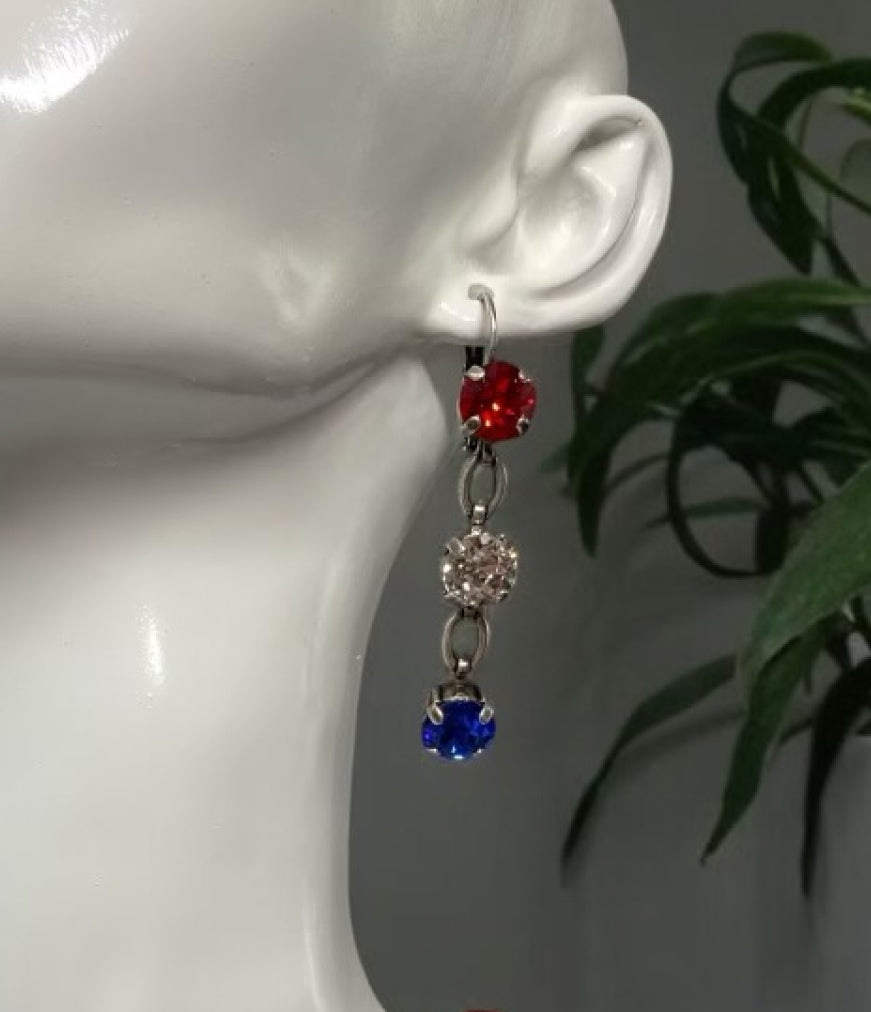 [PRE-ORDER] 3-Stone Red, White, & Blue USA Flag Dangle Earrings - Fight, Fight, Fight Collection [SHIPS in 3-5 WEEKS]