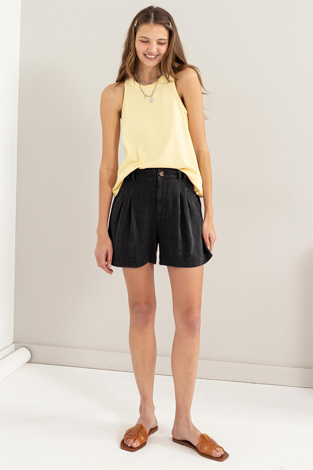 High-Waist Pleated Linen-Blend Shorts