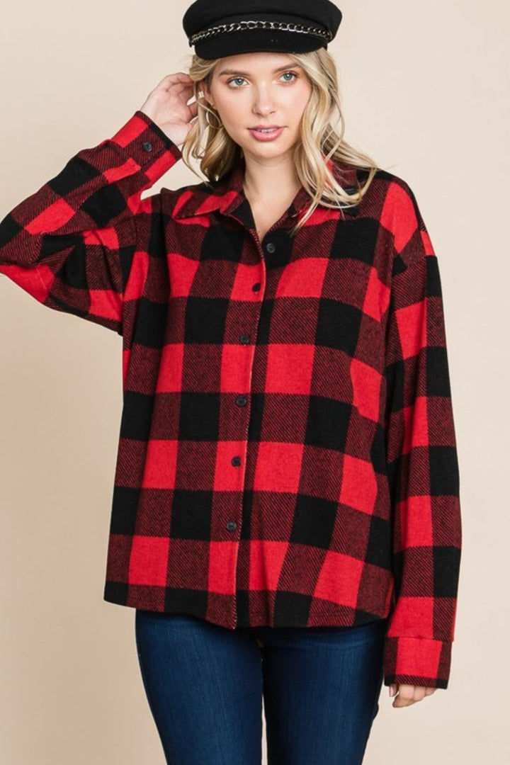 Plaid Button-Up Long-Sleeve Top