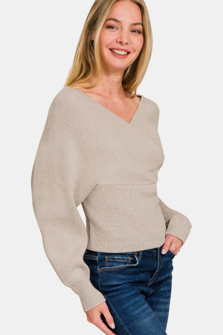 Cross-Wrap Ribbed Sweater - Mocha