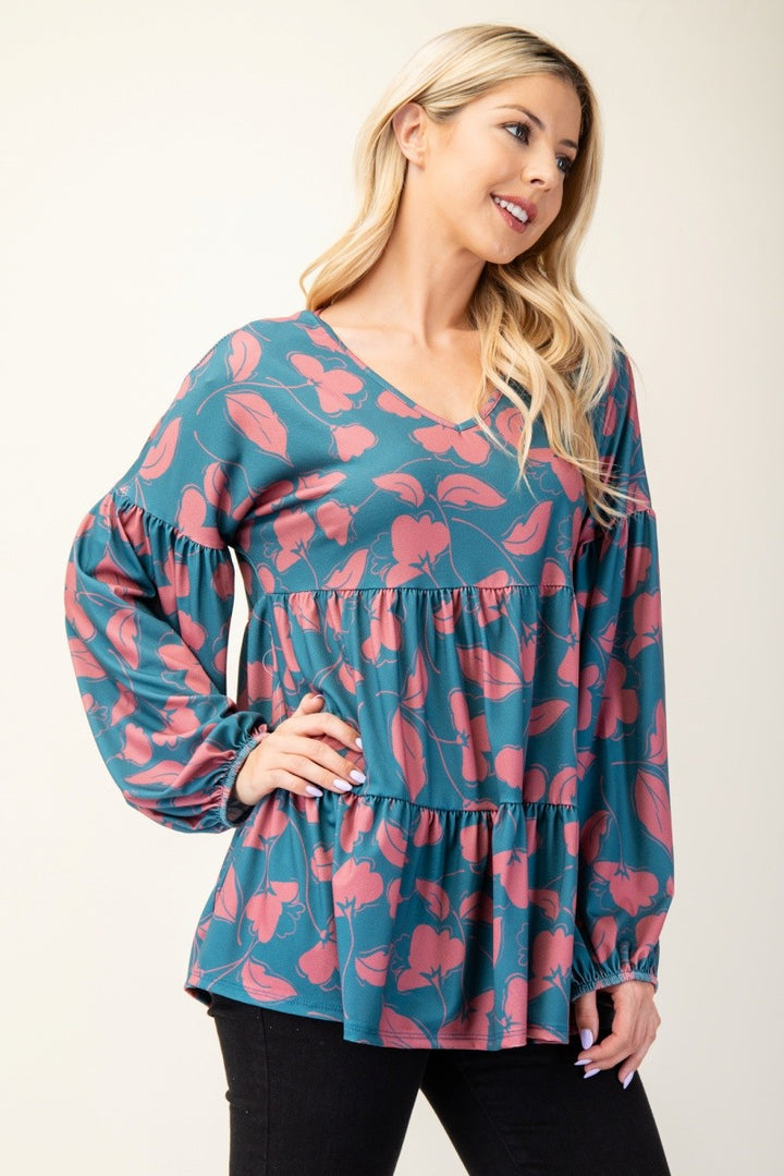 Forever Romantic - Tiered Floral Top - Teal