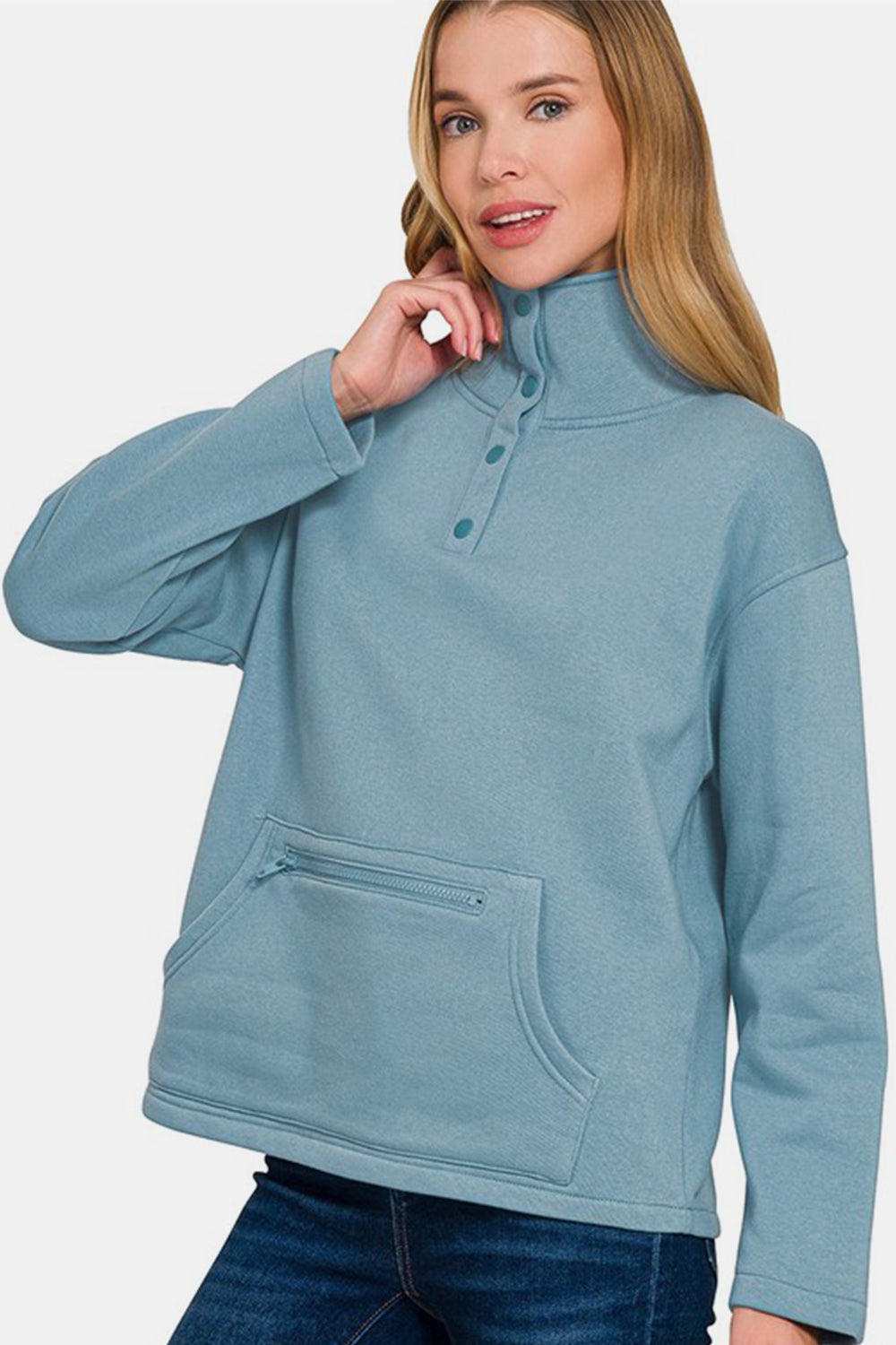 Plush Comfort Turtleneck Fleece Sweatshirt - Dusty Blue