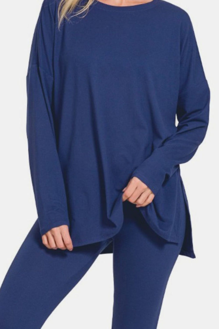 Effortless Lounging - Brushed Microfiber Top and Leggings Set - Light Navy