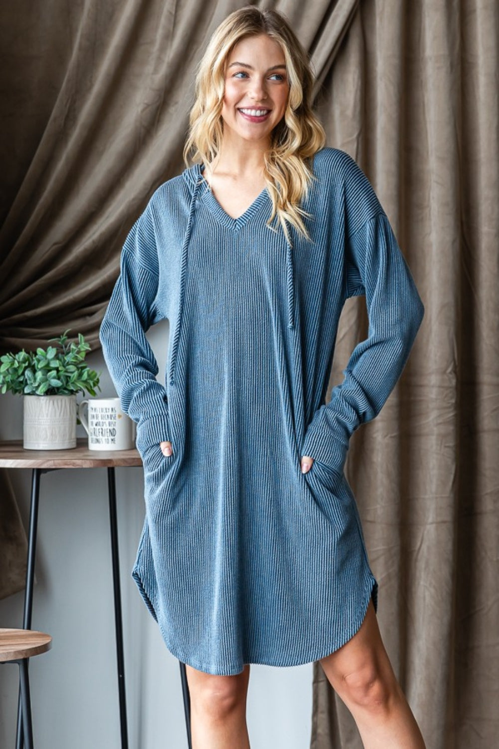 Taking Charge - Ribbed Hooded Dress - Denim